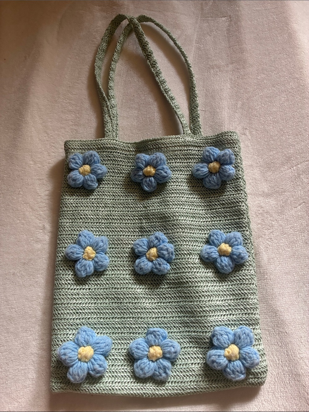 Handmade Crochet Green Tote with Blue Floral Accents